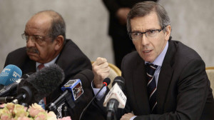 Special Representative of the Secretary-General for Libya and Head of UNSMIL, Leon, speaks as Algeria's Minister of African and Maghreb Affairs, Messahel, listens as they head a meeting in Algiers