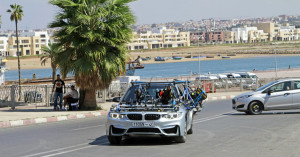 Tom Cruise drives a car covered with cameras during the shooting of a scene for Mission Impossible filmed in Rabat, Morocco.