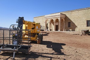 Filming equipment outside the arched set for Pontius Pilate's palace in the TV series "A.D." in Ouarzazate.