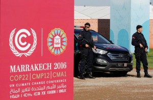 Moroccan security stand guard in front of the entrance of the World Climate Change Conference 2016 (COP22) in Marrakech, Morocco